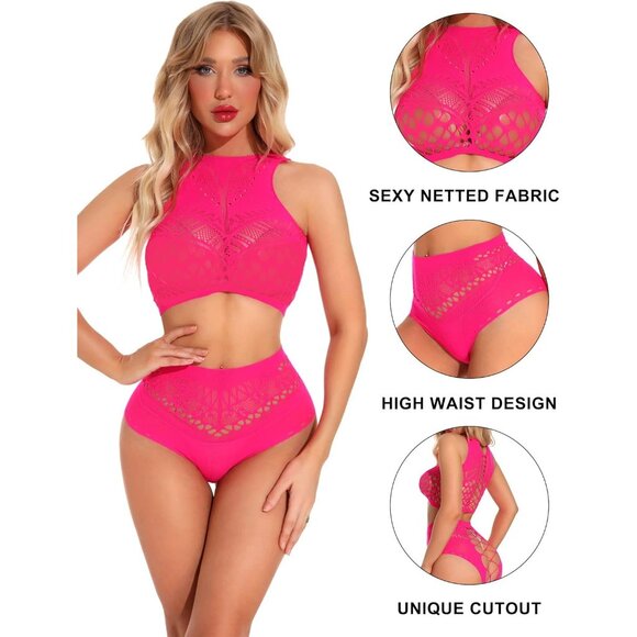 🆕Women Pink Mesh Nylon Fishnet Sexy Babydoll Sleeveless Long Sleeve Bodysuit - Picture 3 of 3